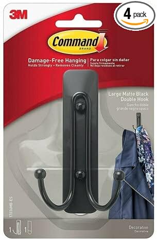 Command Large Wall Hooks, Damage Free Hanging Wall Hooks with Adhesive Strips, No Tools Double Wall Hooks for Hanging Decorations in Living Spaces, 1 Black Colored Hook and 1 Strip