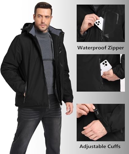 Mens Winter Jackets Waterproof Warm Fleece Ski Jacket with Hood Thermal Windproof Coat Zip Pockets