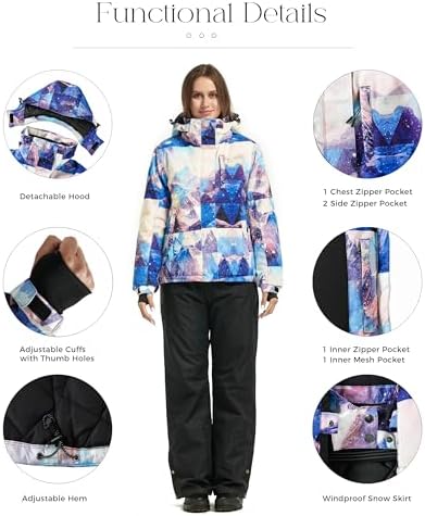 Wantdo Women's Waterproof Ski Jacket Colorful Printed Fully Taped Seams Rain Coat Warm Winter Parka
