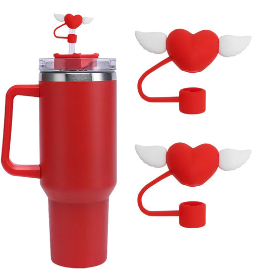 Heart Straw Cover Cap 2 PCS Valentine’s Day Straw Cap Silicone Cute Stanley Cup Straw Cover Red Heart with white Wing Designs Straw Cover fit Stanley Straw Toppers for Stanley Cups Accessories