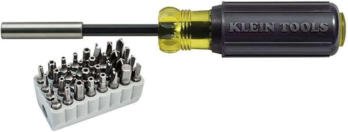 Klein Tools 32510 Magnetic Multibit Screwdriver with Sturdy Torx, Hex, Spanner, Tri-Wing, Torq and Nut Tamperproof Bits and Storage Block