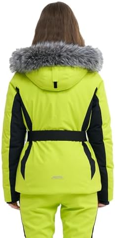 Womens Ski Jacket Fitted Snow Coat with Belted Fur Hood