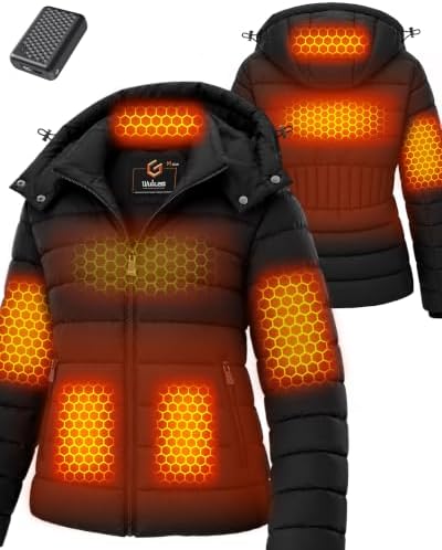 Wulcea Graphene Heated Jacket for Women Lightweight Hooded Puffer Waterproof 12V 18400mAh Large Capacity Battery Fast Charge