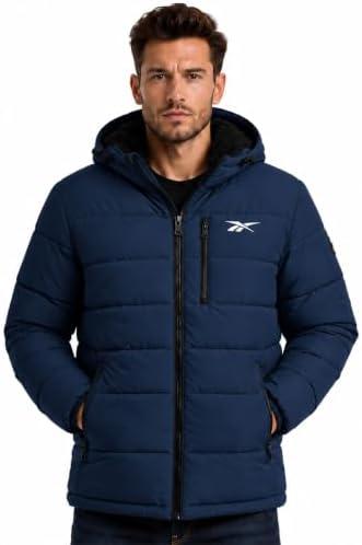 Reebok Mens Sherpa Lined Hooded Puffer Jacket, Quilted Winter Coat