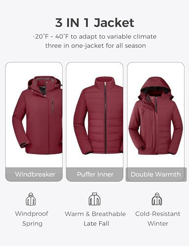 wantdo Women's 3 in 1 Ski Jacket Plus Size Winter Coats Snowboarding Jacket