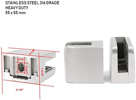 Stainless Steel 316 Square Flat Back Glass Clamp 55 x 55 mm for 3/8" - 1/2" Tempered Glass or Laminated Glass, Satin Brush Finish, GC-056S, 4 Pieces