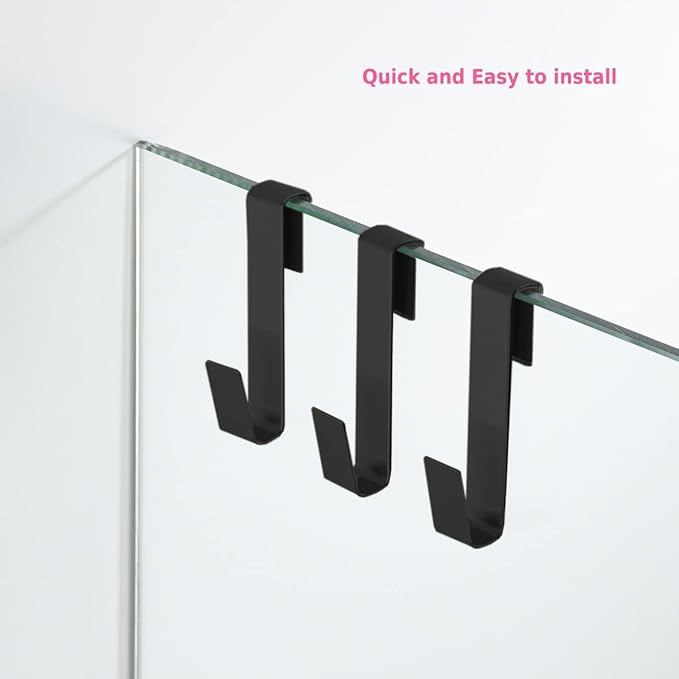 Towel Hook, Over Glass Door Hook for Bathroom, Suit for Frameless Glass Shower Door 0.39" (10 mm) Stainless Steel Matte Black, 3 Pack