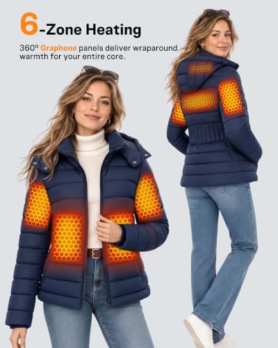Wulcea Graphene Heated Jacket for Women Lightweight Hooded Puffer Waterproof 12V 18400mAh Large Capacity Battery Fast Charge