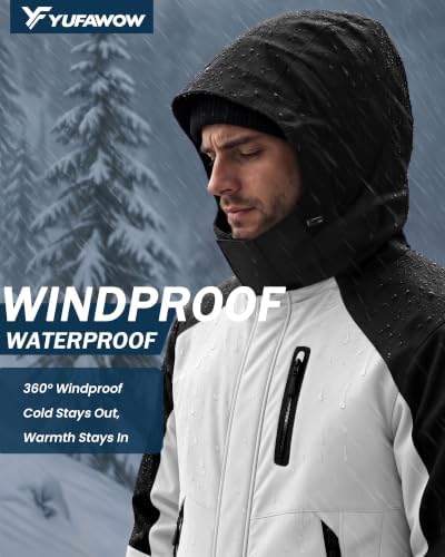 Yufawow Magnetic Placket No Fumbling Just Snap Men Winter Jacket Skiing Jacket Insulated Fleece Lined Waterproof Windbreaker for Snowboard Hiking Camping ATV Outdoor Work