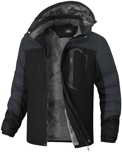 Mens Winter Jackets Waterproof Warm Fleece Ski Jacket with Hood Thermal Windproof Coat Zip Pockets