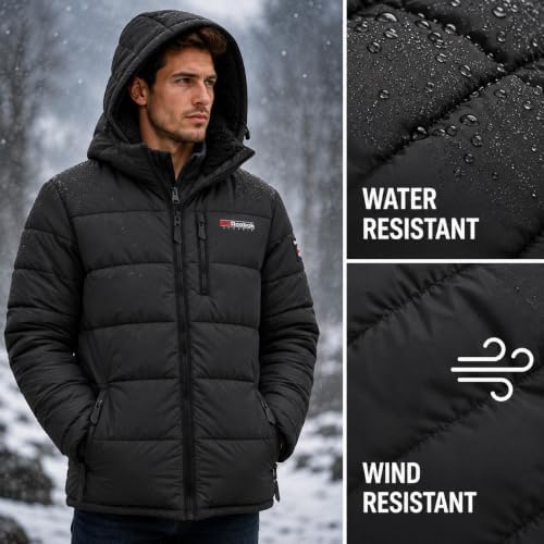 Reebok Mens Sherpa Lined Hooded Puffer Jacket, Quilted Winter Coat