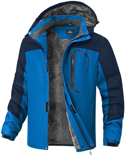 Mens Winter Jackets Waterproof Warm Fleece Ski Jacket with Hood Thermal Windproof Coat Zip Pockets