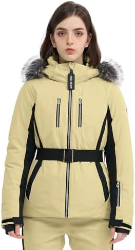 Womens Ski Jacket Fitted Snow Coat with Belted Fur Hood