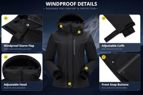 CAMEL CROWN Women's Ski Jacket Waterproof Warm Coat Winter Fleece Snow Coat Hooded Snowboarding Jacket