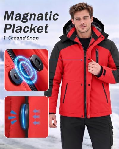 Yufawow Magnetic Placket No Fumbling Just Snap Men Winter Jacket Skiing Jacket Insulated Fleece Lined Waterproof Windbreaker for Snowboard Hiking Camping ATV Outdoor Work