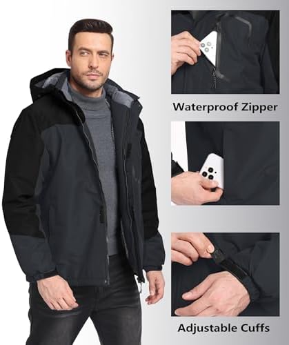 Mens Winter Jackets Waterproof Warm Fleece Ski Jacket with Hood Thermal Windproof Coat Zip Pockets