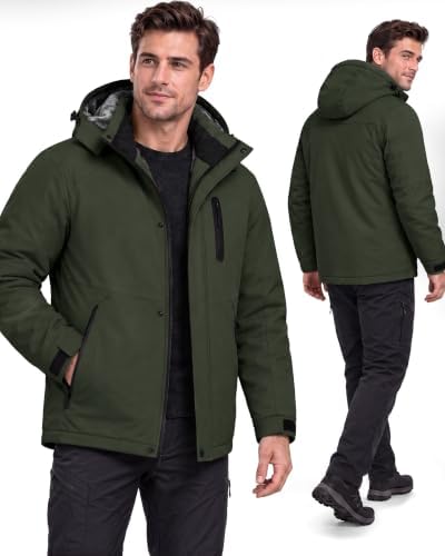Yufawow Magnetic Placket No Fumbling Just Snap Men Winter Jacket Skiing Jacket Insulated Fleece Lined Waterproof Windbreaker for Snowboard Hiking Camping ATV Outdoor Work