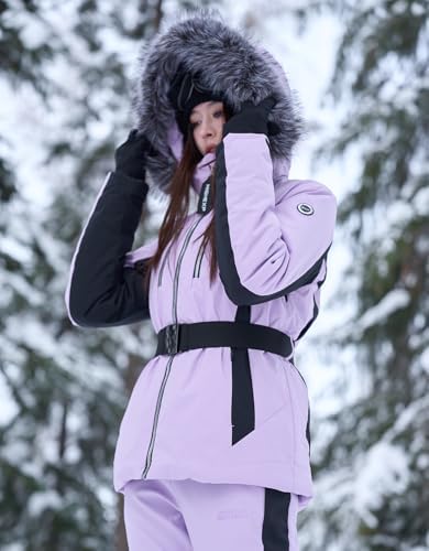 Womens Ski Jacket Fitted Snow Coat with Belted Fur Hood