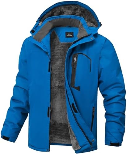 Mens Winter Jackets Waterproof Warm Fleece Ski Jacket with Hood Thermal Windproof Coat Zip Pockets