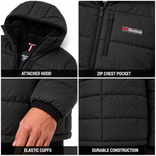 Reebok Mens Sherpa Lined Hooded Puffer Jacket, Quilted Winter Coat