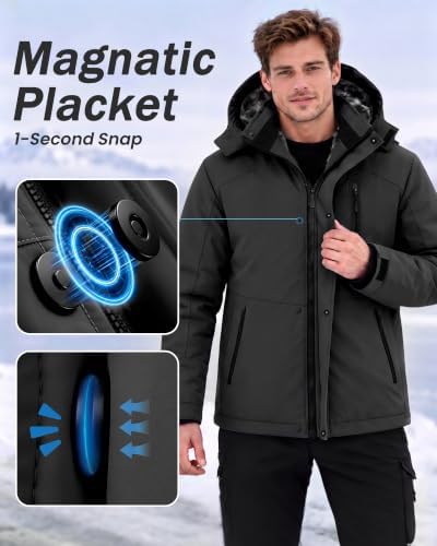 Yufawow Magnetic Placket No Fumbling Just Snap Men Winter Jacket Skiing Jacket Insulated Fleece Lined Waterproof Windbreaker for Snowboard Hiking Camping ATV Outdoor Work
