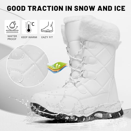 Women's Snow Boots Winter Water-Resistant Faux Fur Lined Warm Outdoor Lace Up Mid-Calf Booties Deep Tread Rubber Sole