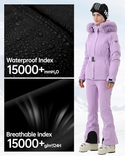 Womens Ski Jacket Fitted Belted Snow Coat with Fur Hood