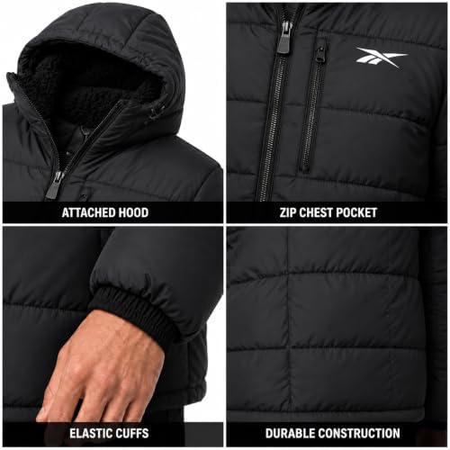 Reebok Mens Sherpa Lined Hooded Puffer Jacket, Quilted Winter Coat