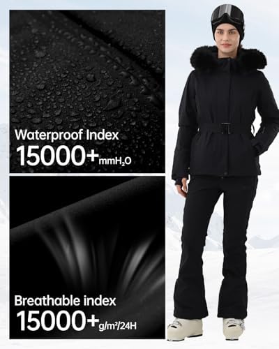 Womens Ski Jacket Fitted Belted Snow Coat with Fur Hood