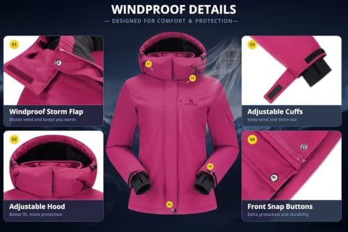 CAMEL CROWN Women's Ski Jacket Waterproof Warm Coat Winter Fleece Snow Coat Hooded Snowboarding Jacket