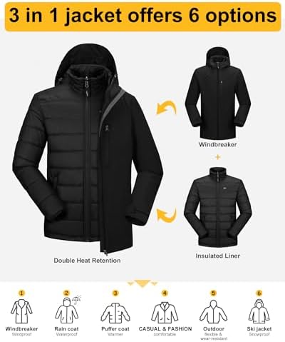 33,000ft Men's Hooded Waterproof 3 in 1 Snow Ski Jacket Winter Puffer Coat