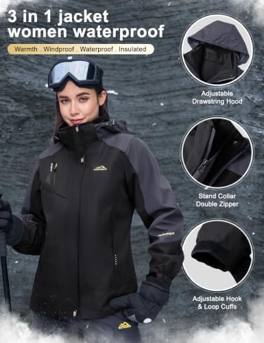 MAGCOMSEN Women's 3-in-1 Winter Coats Snow Ski Jacket Waterproof Windproof Fleece Lined Winter Jacket Parka