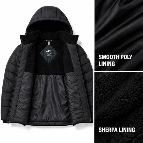Reebok Mens Sherpa Lined Hooded Puffer Jacket, Quilted Winter Coat