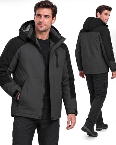 Yufawow Magnetic Placket No Fumbling Just Snap Men Winter Jacket Skiing Jacket Insulated Fleece Lined Waterproof Windbreaker for Snowboard Hiking Camping ATV Outdoor Work