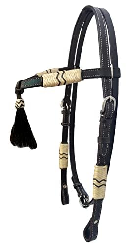 Western Horse Headstall Pony Size – Adjustable Hand Braided Genuine Leather Bridle with Brown Rawhide Knotting Futurity Knot Black Color Hair Tassels, Western Riding Tack, Dark Brown (Pony Size)