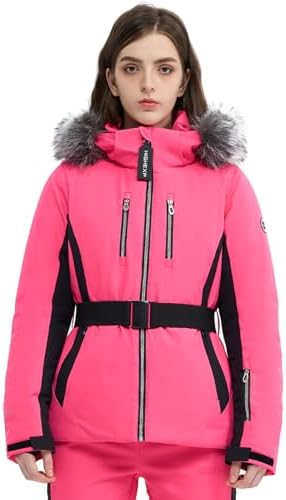 Womens Ski Jacket Fitted Snow Coat with Belted Fur Hood