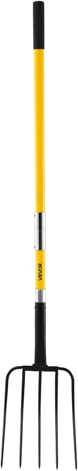 VEVOR Garden Fork, 5-Tine Gardening Pitchfork with Fiberglass Handle, 57 in Heavy Duty Digging Fork with Y Grip, Forged Steel Spading Fork for Hay Potato Composting Transplanting Aeration
