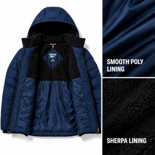Reebok Mens Sherpa Lined Hooded Puffer Jacket, Quilted Winter Coat