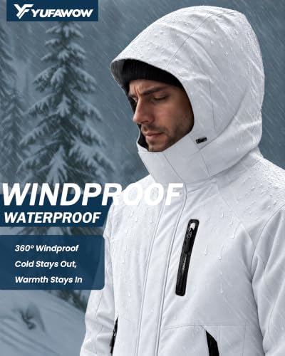 Yufawow Magnetic Placket No Fumbling Just Snap Men Winter Jacket Skiing Jacket Insulated Fleece Lined Waterproof Windbreaker for Snowboard Hiking Camping ATV Outdoor Work