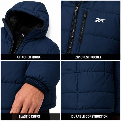 Reebok Mens Sherpa Lined Hooded Puffer Jacket, Quilted Winter Coat