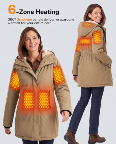 Wulcea Graphene Heated Jacket for Women Cotton Cinched Waist Sherpa Lined Warmth Hooded 12V 18400mAh Large Capacity Battery