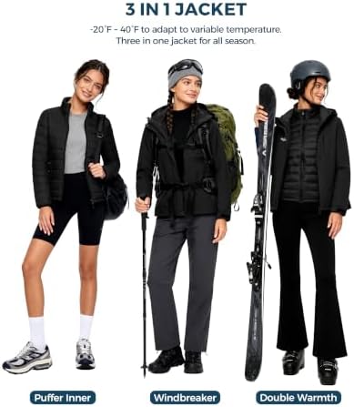 wantdo Women's 3 In 1 Ski Jacket Cotton Padded Liner Winter Coat