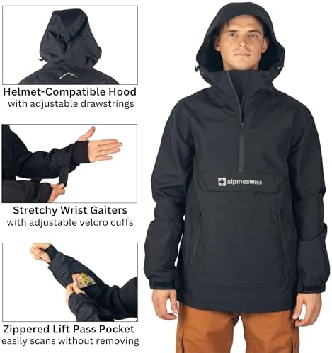 Alpine Swiss Mens Snowboard Jacket 10K Waterproof Hooded Ski Shell Anorak Breathable Windproof Pullover Winter Sport Coat
