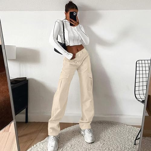 Lepunuo Cargo Pants for Women High Waisted Casual Pants Baggy Stretchy Wide Leg Y2K Streetwear with 6 Pockets