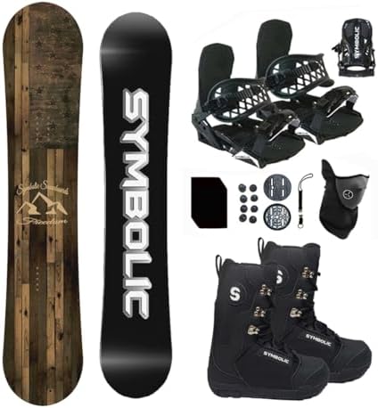 Symbolic Freedom Flag USA Snowboard , Bindings, and Boots Package with Leash, Stomp, Mask, Men Women Kids Regular-Wide