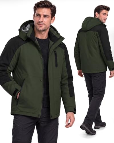 Yufawow Magnetic Placket No Fumbling Just Snap Men Winter Jacket Skiing Jacket Insulated Fleece Lined Waterproof Windbreaker for Snowboard Hiking Camping ATV Outdoor Work