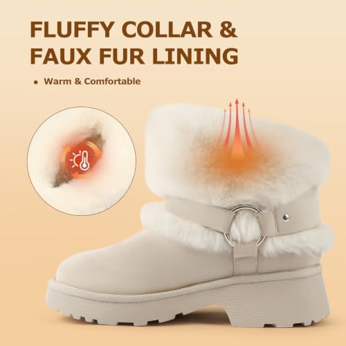 Furry Winter Boots for Women Block Heels Platform Buckle Slip On