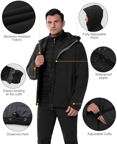33,000ft Men's Hooded Waterproof 3 in 1 Snow Ski Jacket Winter Puffer Coat