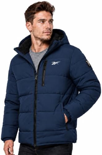 Reebok Mens Sherpa Lined Hooded Puffer Jacket, Quilted Winter Coat