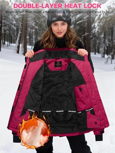 FREE SOLDIER Women's Waterproof Ski Snow Jacket Fleece Lined Warm Winter Rain Jacket with Hood Fully Taped Seams